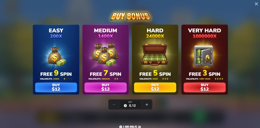Menu Buy Bonus de Mega Block Empire : Easy 200x, Medium 1400x, Hard 24000x, Very Hard 1000000x