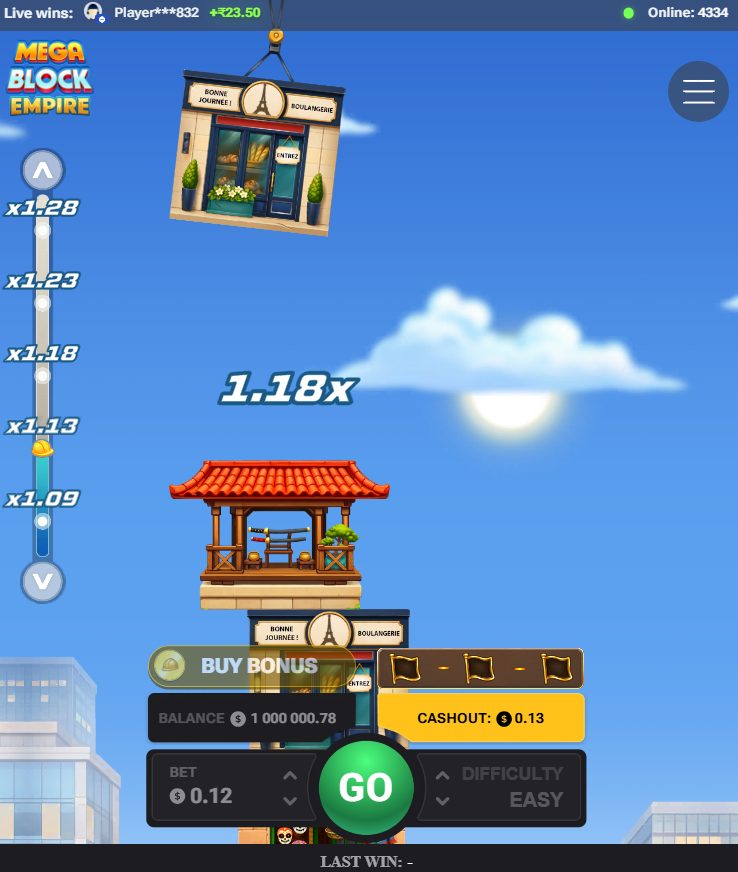 Mega Block Empire en format vertical sur smartphone : jauge à gauche, grue et tour au centre, bouton Go en bas