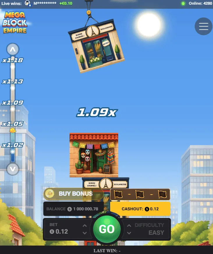 Tour de Mega Block Empire à x1.09 avec le bouton Cashout jaune