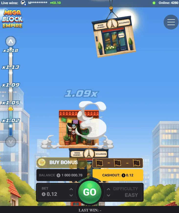 Un bloc atterrit dans un nuage de poussière sur la tour de Mega Block Empire
