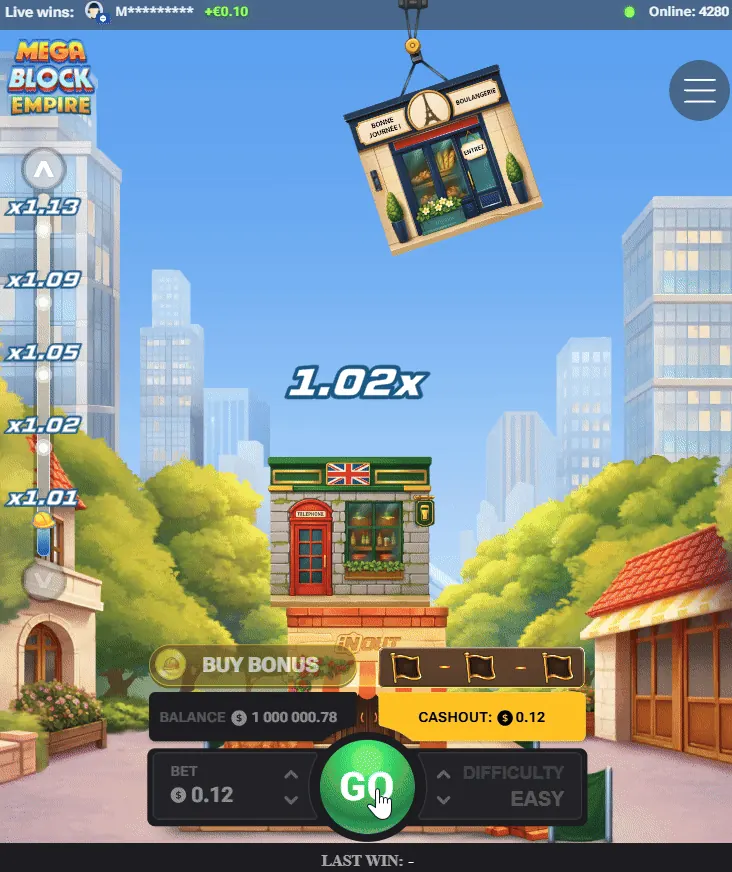 La grue tient un bloc au-dessus de la tour dans Mega Block Empire, multiplicateur x1.02