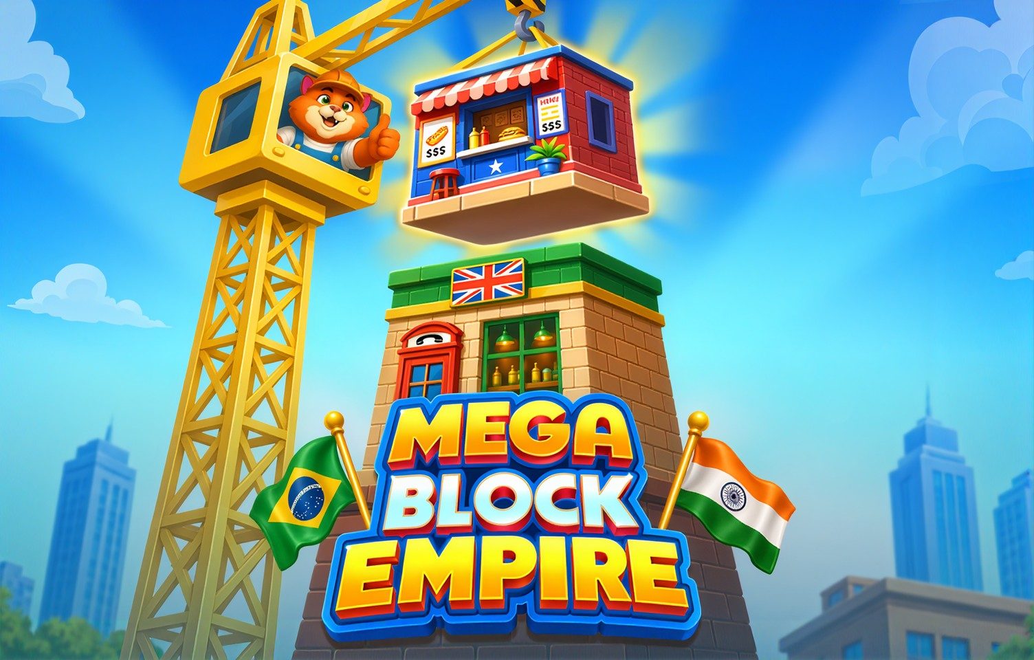 Mega Block Empire : un grutier tigre pose un bloc sur une tour ornée de drapeaux, devant le logo du jeu d'InOut Games